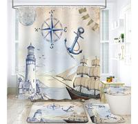 4Pcs Nautical Lighthouse Shower Curtain Sets, Sailboat Coastal Compass Anchor Bathroom Decor with Non-Slip Rugs, Toilet Lid Cover and Bath Mat, Waterproof Shower Curtains with 12 Hooks, 72 x 72 Inch