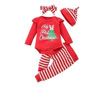 4Pcs Newborn Baby Girl First Christmas Outfits Baby 1st Xmas Clothes Cute Romper Ruffle Pants for Infant Girl Clothing Set 3-6 Months
