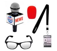 4pcs News Reporter Costume & Journalist Costume Set - Comes with News Reporter Accessories (Press Pass, Microphone Prop, Costume Glasses) - Unisex for Adults, Great for Halloween, Career Day & Party