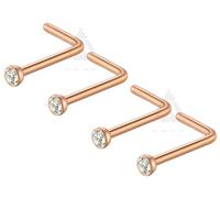 4pcs Nose Stud L Bend Shape 2mm Clear Gem Straight Pin Bone Nostril Piercing (Rose Gold)
