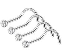 4pcs Nose Stud Screw Hook Curve Shape 2mm Clear Gem Surgical Steel Pin Bone Nostril Piercing (Silver)