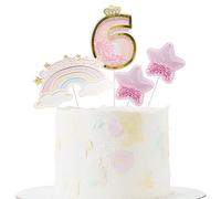 4Pcs Numbers 1-9 Cake Topper, 6th Birthday Cake Toppers, Rainbow Little Stars for Birthday Party Wedding Anniversary Baby Shower Decoration (pink)