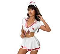 4Pcs Nurse Costume Lingerie Set Women Raves Halloween Cosplay Roleplay Nurse Uniform Babydoll Set Outfit Night Club Honeymoon Valentine's Day Front Tie Crop Top Mini Skirt G-String Headband