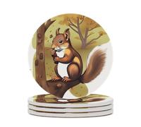 4PCS Nut-Eating Squirrel Coasters Non-Slip Round Drink Coasters with Ceramic Stone and Cork Base, Heat Resistant Absorbent 33.00Stone Coaster Set for Kinds of Mugs and Cups, 4 Inch