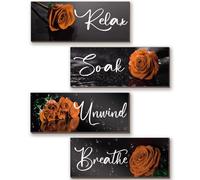 4Pcs Orange Bathroom Decor Orange Rose Wall Decor Wooden Orange Bathroom Accessories with Relax Soak Unwind Breathe Wall Art For Girl Women Bedroom Living Room Home Decoration (Orange 10 X 4 Inch)