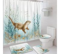 4pcs Otter Shower Curtain Set, Blue Green Animal Bath Mat Rugs Accessories for Bathroom Decor, Summer Nature Waterproof Fabric Set with Hooks 72x72 Inch