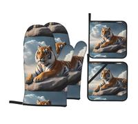 4pcs Oven Gloves And Pot Holders Set Tiger Resting On A Rock With Cloudy Sky Pattern Microwave Oven Glove Heat Resistant Microwave Mitts For Baking, Cooking, Grill