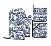 4Pcs Oven Mitt And Pot Holder Blue Willow Ancient Ming China Chinoiserie Oven Gloves Non Slip Mitt Heat Resistant Mitts For Grilling For Microwave, Grill, Baking