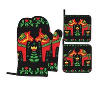 4Pcs Oven Mitt And Pot Holder Flower Swedish Dala Horses Microwave Mitts Reusable Oven Glove Washable Oven Gloves For Oven, Grilling, Cooking