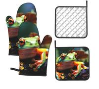 4PCS Oven Mitts and Pot Holders Set Heat Resistant Oven Gloves and Hot Pads Lovely Tree Frogs Cooking Gloves PotholdersKitchen Mittens for Baking Grilling