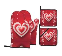 4pcs Oven Mitts And Pot Holders Set Love'S Day Red Heart Flower Kitchen Gloves Gauntlet Bbq Gloves For Grill, Grilling, Cooking