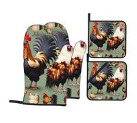 4pcs Oven Mitts And Pot Holders Set Rooster And Chicken Printed Bbq Gloves Reusable Microwave Mitts For Baking, Microwave, Grill