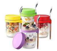 4Pcs Overnight Oats Container Jar with Lids & Spoon Reusable Yoghurt Pot 16oz/500ml Glass Breakfast Pots to Go Dishwasher Safe Yoghurt Container Pots Fruit Salad Cups Breakfast Jar Porridge Container