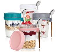 4Pcs Overnight Oats Containers with Lids and Spoons,12oz Glass Yogurt Breakfast Container with Measurement Scale,Versatile Salad and Oats Storage Solution for Yogurt, Salads, Milk, Fruits & Vegetables