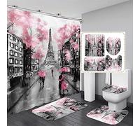 4Pcs Pairs Eiffel Tower Pink Shower Curtain Sets Bathroom Set Decor with Non-Slip Rugs Bath U-Shaped Mat Toilet Lid Cover Waterproof Valentine Bathroom Curtains Shower Set with 12 Hooks, 70.8×70.8