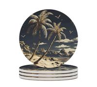 4PCS Palm Tree Coasters Non-Slip Round Drink Coasters with Ceramic Stone and Cork Base, Heat Resistant Absorbent 33.00Stone Coaster Set for Kinds of Mugs and Cups, 4 Inch