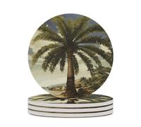 4PCS Palm Tree Tropical Coasters Non-Slip Round Drink Coasters with Ceramic Stone and Cork Base, Heat Resistant Absorbent 33.00Stone Coaster Set for Kinds of Mugs and Cups, 4 Inch