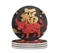 4PCS Papercut Ox Zodiac Coasters Non-Slip Round Drink Coasters with Ceramic Stone and Cork Base, Heat Resistant Absorbent 33.00Stone Coaster Set for Kinds of Mugs and Cups, 4 Inch