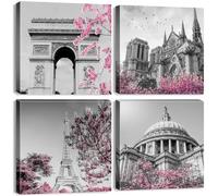 4Pcs Paris Canvas Wall Art Nature Pink Flowers Canvas Prints for Living Room Black and White City Botanical Pictures Cherry Blossoms Tree Cityscape Artwork for Bedroom Office Home Decoration 12x12"
