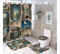 4Pcs PatchworkWolf Badger Tree River Shower Curtain 72W X 72L, Toilet Lid Cover Non-Slip Rugs and U-Shaped Mat, Mystical Moon Blue Bathroom Decor Set with 12 Hooks