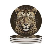 4PCS Patterned Leopard Head Coasters Non-Slip Round Drink Coasters with Ceramic Stone and Cork Base, Heat Resistant Absorbent 33.00Stone Coaster Set for Kinds of Mugs and Cups, 4 Inch