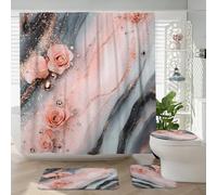 4PCS Peach Marble Shower Curtain 72''x72'' with Hooks, Bathroom Accessory Sets with Bath Mat, U Shape and Toilet Lid Cover Mat, Luxury Abstract Modern Home Bath Fabric Decor