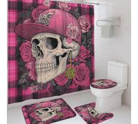 4Pcs Peach Skull Shower Curtain Set, Floral Rose Bath Mat Rugs Accessories for Bathroom Decor, Modern Decorative Fabric Shower Curtain Set with Hooks 72x72 Inch