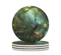 4PCS Peacock in Forest Coasters Non-Slip Round Drink Coasters with Ceramic Stone and Cork Base, Heat Resistant Absorbent 33.00Stone Coaster Set for Kinds of Mugs and Cups, 4 Inch