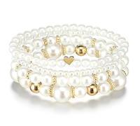 4Pcs Pearl Bracelets for Women Simulated Pearl Beaded Bracelet Set Stackable Pearls Bracelet Stack Multilayered White and Gold Stretch Bead Ball Bracelets Jewelry Gifts for Women Bridal Party Jewelry