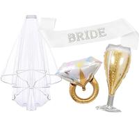 4PCS Pearl Bride to Be Sash and Veil Bride Ring Champagne Balloons Bridal Shower Sashes and Veils Accessories for Bachelorette Engagement Wedding Party Decorations