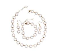 4Pcs Pearl Necklace Earrings Bracelet Set Faux Pearl Flower Choker Necklace Sets Vintage Collar Pearl Strands Necklace Chain Jewelry for Women