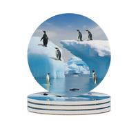 4PCS Penguins On The Iceberg Coasters Non-Slip Round Drink Coasters with Ceramic Stone and Cork Base, Heat Resistant Absorbent 33.00Stone Coaster Set for Kinds of Mugs and Cups, 4 Inch