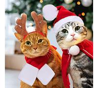 4PCS Pet Christmas Outfit - Dog Cat Costume Cloak, Santa Hat, Scarf, Antlers Hat, Collar for Puppy