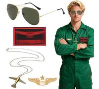 4Pcs Pilot Costume Accessories Set, Airline Pilot Fancy Dress Kit with Aviator Sunglasses Necklace Gold Wings Badge Black Badge for Adults Teenager Halloween Cosplay Party Dress up Day