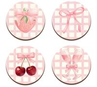 4Pcs Pink Bow Wooden Coasters, Girly Car Coasters for Cup Holders, Round Non-slip Drink Coaster for Mug & Cup, Cute Kitchen Accessories for Home Decor and Tabletop Protection
