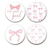 4Pcs Pink Bow Wooden Coasters, Round Car Coasters for Cup Holders, Non-slip Drink Coaster for Coffee & Tea, Cute Kitchen Accessories for Home Decor and Tabletop Protection