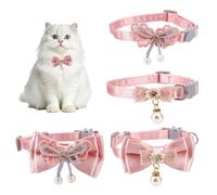 4pcs Pink Cat Collar, Adjustable Breakaway Kitten Collar with Lace Bow Pearl Pendant Cute Safety Kitten Supplies Stuff Accessories for Girl Cats and Small Dogs