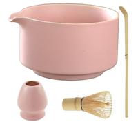 4Pcs Pink Matcha Whisk Set: Japanese Matcha Tea Set Include Whisk and Bowl Whisking Holder Bamboo Spoon 500ml Rough Ceramic Bowl with Spout for Tea Drinking Ceremony Enthusiast