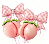 4Pcs Pink Peach Bow Gingham Balloons/One Sweet Peach Birthday Decorations/Pea*ch Birthday Party Decor for Girls Princess/Sweet As A Peach Party/Pink Fruit Baby Shower, Summer Picnic Wedding Decor