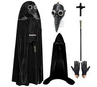 4PCS Plague Doctor Costume Suit, Plague Doctors Mask Long Nose Bird Beak Steampunk Mask with Black Hooded Cloak, Black Gloves, King's Scepter for Halloween Party Cosplay Masquerade