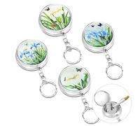 4PCS Pocket Ashtray, Stainless Steel Mini Ashtray with Key-chain, Push-Button Open, 4 Unique Pattern Designs, Compact Portable Metal Ash Tray for Outdoor Travel (2x4.5cm)