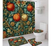 4Pcs Pomegranate Shower Curtain Set, Dark Green Orange Floral Bath Mat Rugs Accessories for Bathroom Decor, Modern Autumn Waterproof Fabric Shower Curtain Set with Hooks 72x72 Inch