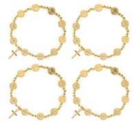 4pcs Prayer Beads Bracelet with Crucifix Charm, Golden Alloy Stretch | Interwoven Bead Chain, round Classic Religious Pendant Style, Discreet Devotion, Sized for Adult Wrists and Daily Use