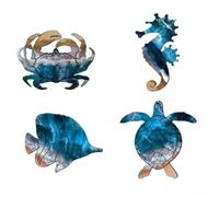 4pcs Predominantly Metal Sea Animal Wall Art Decoration, Turtle Crab for Seahorse Fish Marine Life Decor, for Home Garden Bathroom