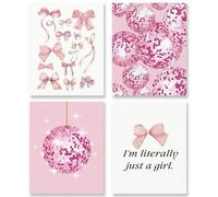 4Pcs Preppy Pink Wall Art Prints 15x20cm Aesthetic Room Photos Decor Posters with Bow Cherry Disco Ball Unframed Canvas Pictures Cute Coquette Gift Set for Teen Girls Bedroom Dorm Living Room (Pink G)