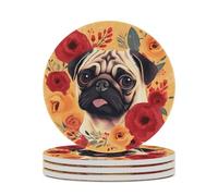 4PCS Pug Flower Coasters Non-Slip Round Drink Coasters with Ceramic Stone and Cork Base, Heat Resistant Absorbent 33.00Stone Coaster Set for Kinds of Mugs and Cups, 4 Inch