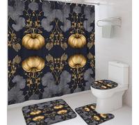 4Pcs Pumpkin Floral Shower Curtain Set, Navy Blue Gold Flower Bath Mat Rugs Accessories for Bathroom Decor, Autumn Modern Fabric Shower Curtain Set with Hooks 72x72 Inch