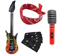 4Pcs Punk Rocker Party Kit, Large Inflatable Guitar Microphone Blow Up Guitar Punk Gloves Bandana Scarf Rockstar Fancy Dress Kids Boys 70S 80S 90S Heavy Metal Disco Costume Accessories for Men Women