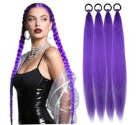 4Pcs Purple Hair Extensions 26 Inch Synthetic Straight Braided Ponytail Extension with Elastic Tie for Women Girls, Purple Hair Extensions for Braids