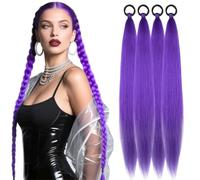 4Pcs Purple Hair Extensions 26 Inch Synthetic Straight Braided Ponytail Extension with Elastic Tie for Women Girls Purple Hair Extensions